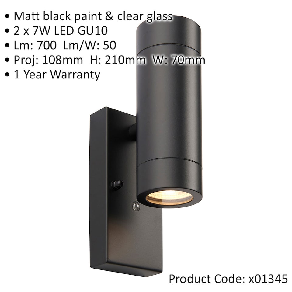 image 1 of Twin Up & Down IP44 Wall Light - Photocell Sensor - 2 x 7W GU10 LED - Matt Black