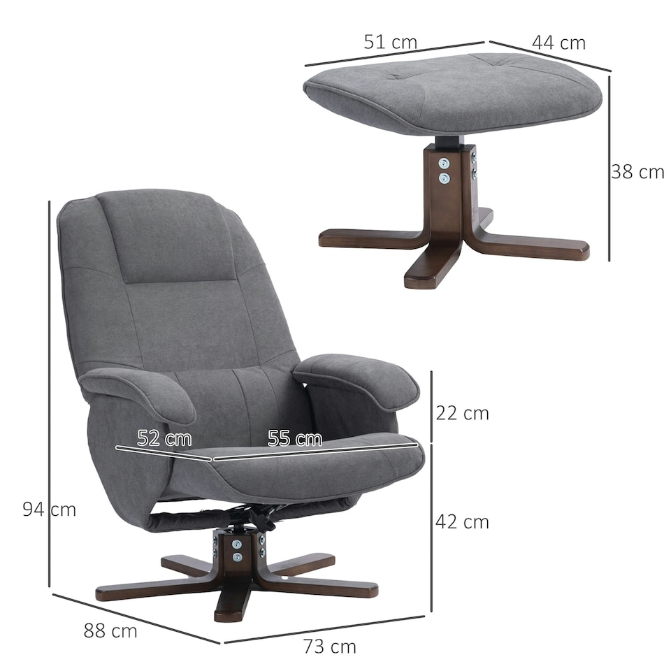 image 1 of HOMCOM Swivel Recliner Chair with Footstool and Wooden Base, Grey