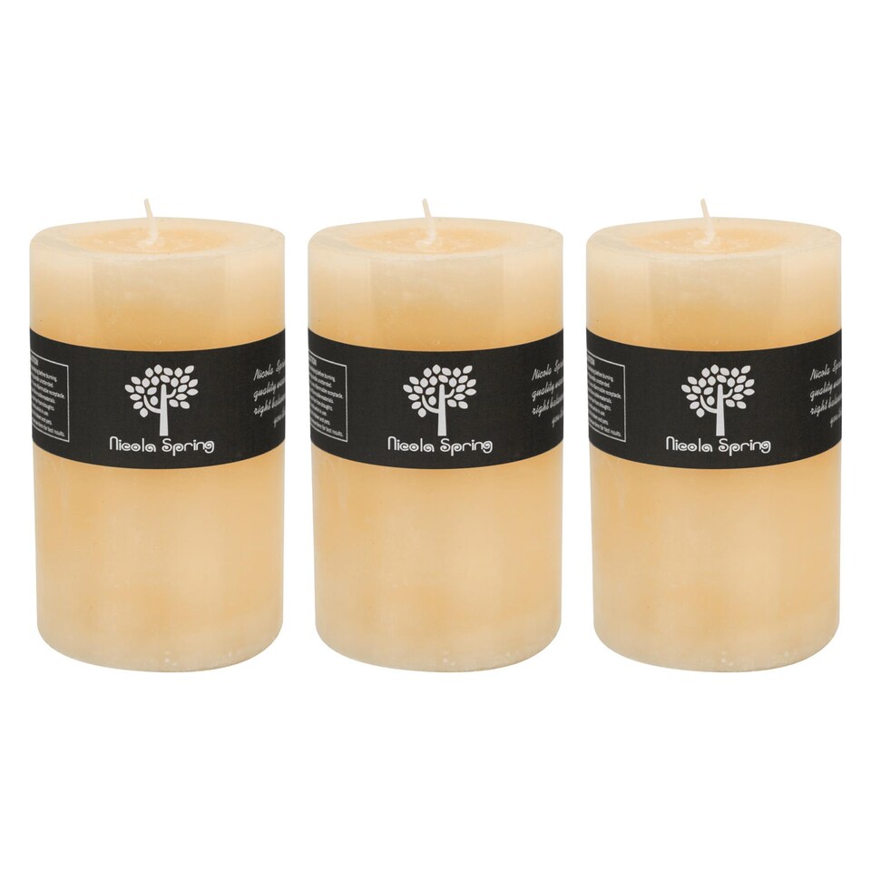 image 1 of Nicola Spring Round Vanilla Pillar Candles - 110 Hours - Cream - Pack of 3 | Cream | Beige