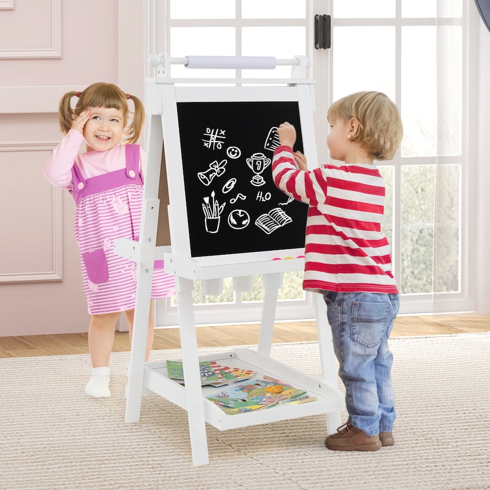 image 1 of COSTWAY Foldable Easel Kids 3-in-1 Double-sided Art Easel w/Chalkboard-White