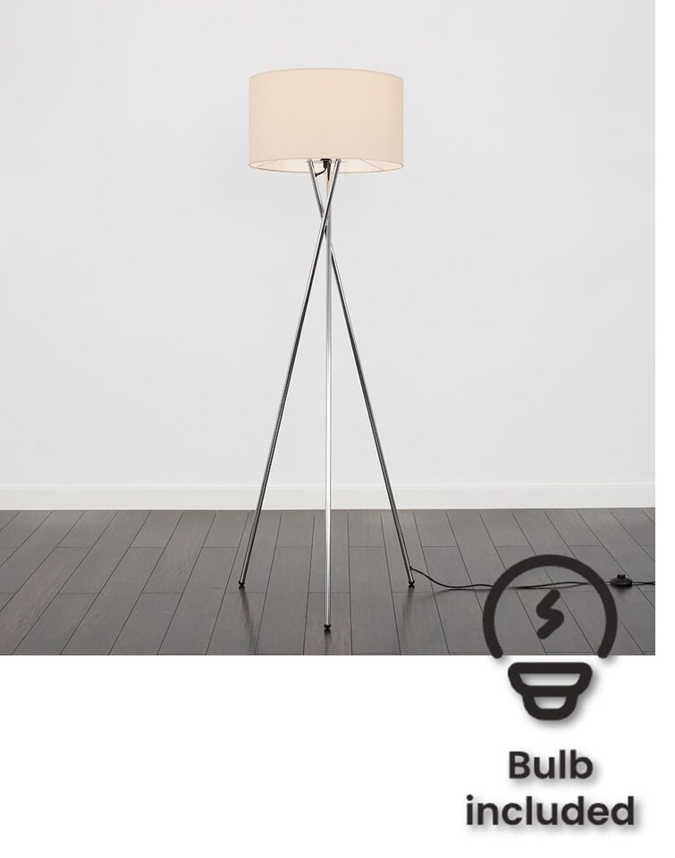 image 1 of ValueLights Camden Chrome Tripod Floor Lamp Natural Shade & Bulb | Cream