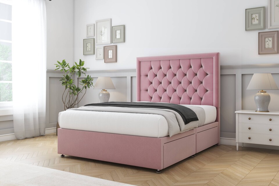 image 1 of Sloomy Montana Pink Plush Divan Bed With Mattress 2 Drawers Footend With 26" Strutted Headboard 4' Small Double | Pink | Pink | Small Double | 1