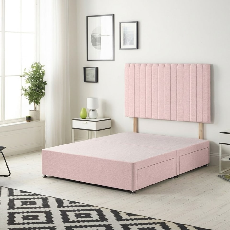 image 1 of Texas Divan Bed Base with 2 Drawers & 30 Inch Headboard Plush Velvet | Pink | Pink