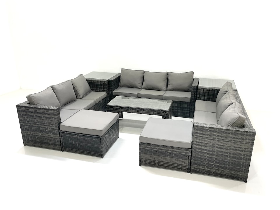 image 1 of Fimous Outdoor Garden Furniture Set 8 Pieces Rattan Sofa Set with Coffee Table 2 Big Footstools Side Table Dark Grey Mixed
