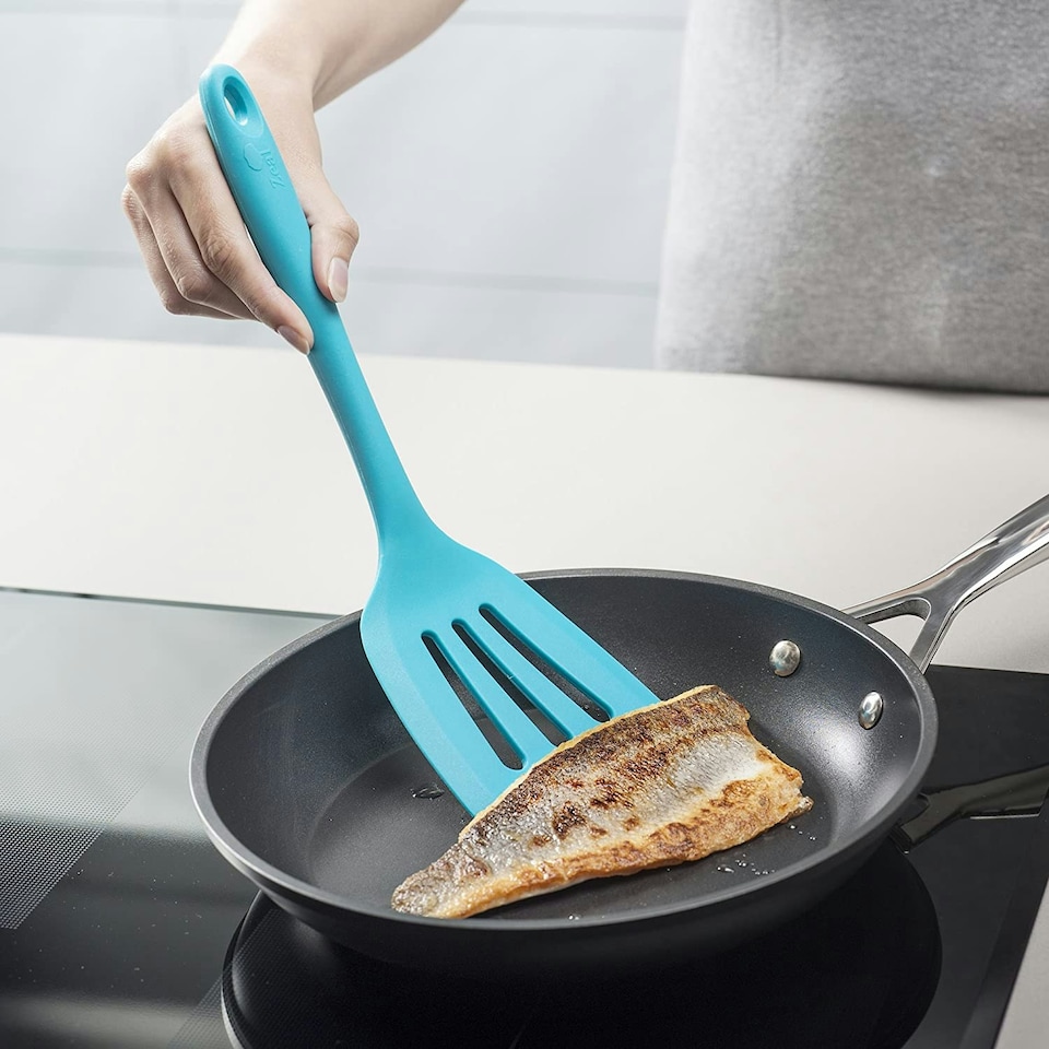 image 1 of Zeal Silicone Flexible Slotted Kitchen Turner, 30cm, Aqua Blue