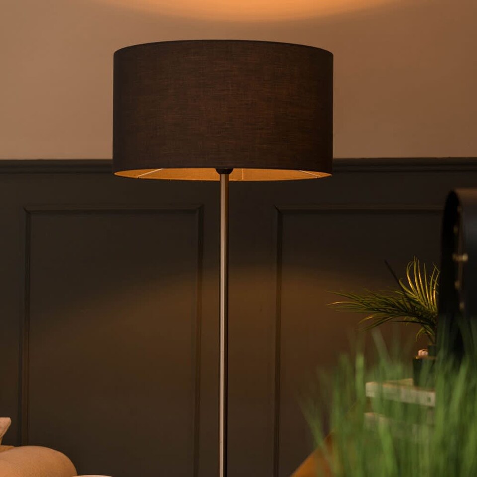 image 1 of ValueLights Tavel Brushed Chrome Floor Lamp Charcoal Shade and Bulb