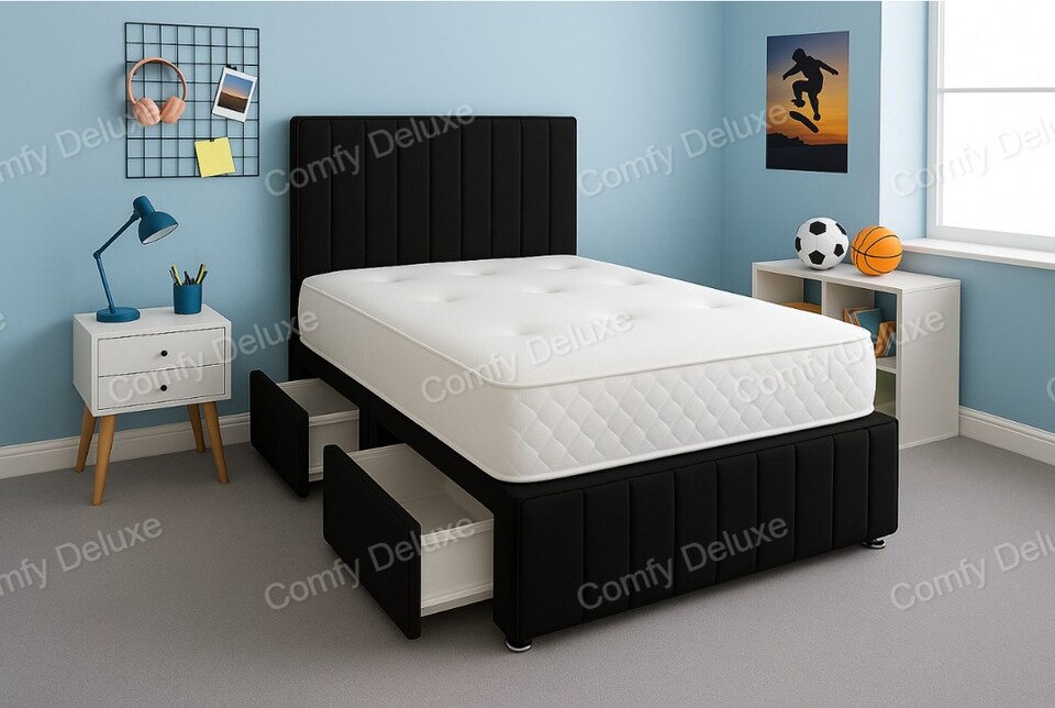 Black Plush 5ft Kingsize Divan Bed Set Headboard & Footboard - 2 Drawers Right Side Laying in Bed
