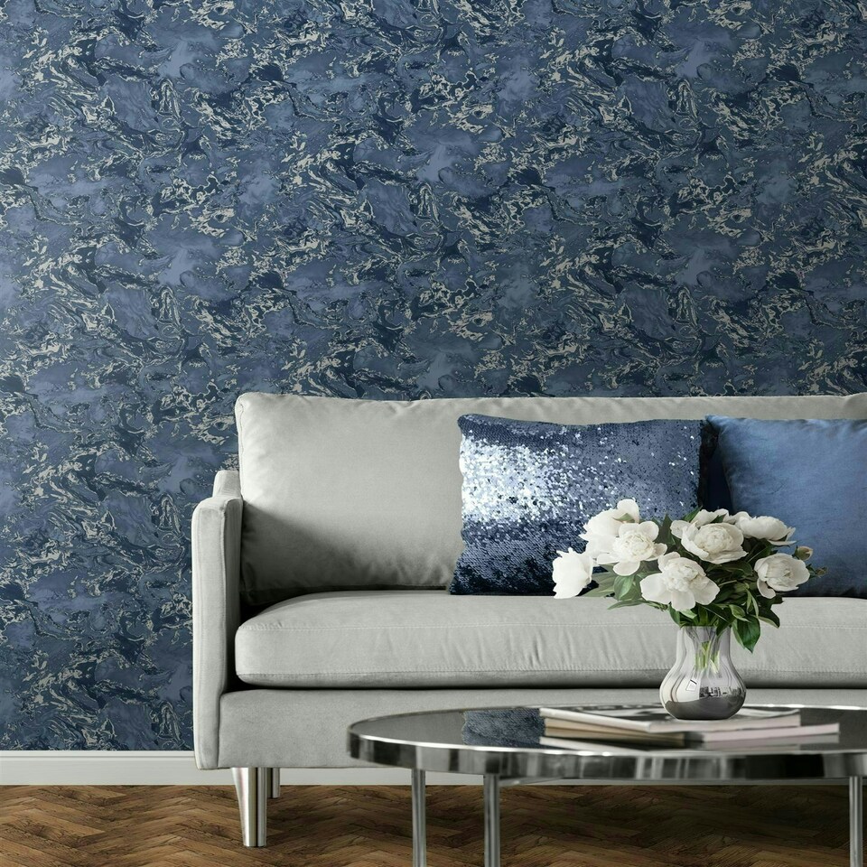 image 1 of Elixir Marble Blue & Silver Wallpaper