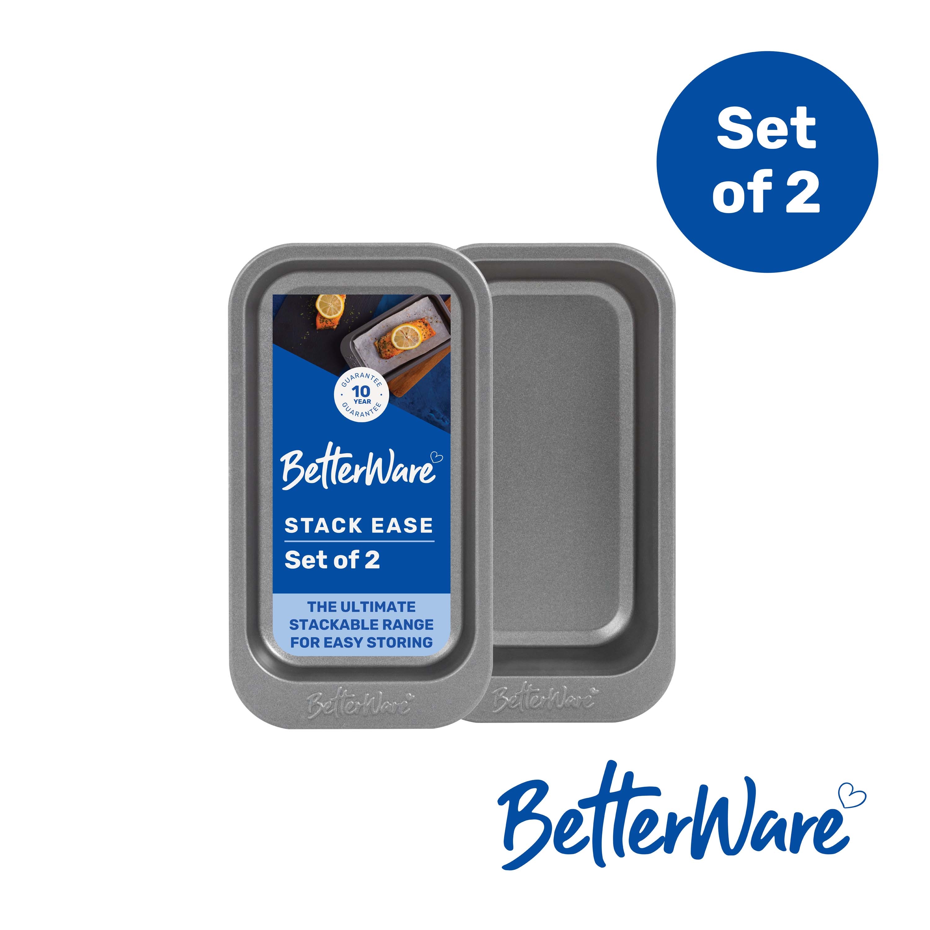 BetterWare Stack Ease 2 Piece Small Roaster & Tray Set Inc. 1 x 24cm Slim Roaster & 1 x 24cm Slim Oven Tray Dishwasher & Freezer Safe Stackable & Nest