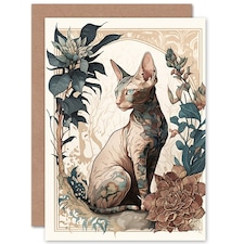 Cat Lover Sphynx with Flower Blooms Art Nouveau Floral Greeting Card