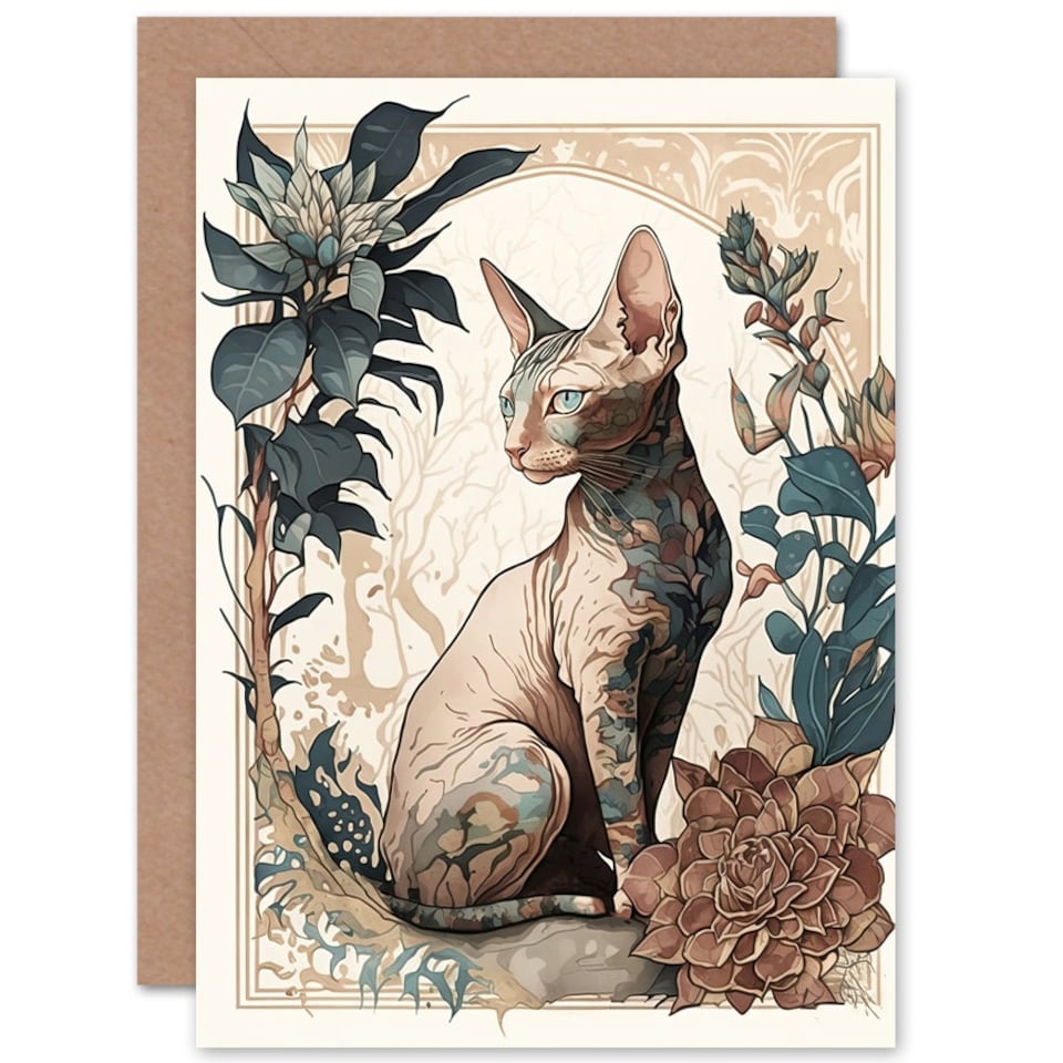 image 1 of Cat Lover Sphynx with Flower Blooms Art Nouveau Floral Greeting Card