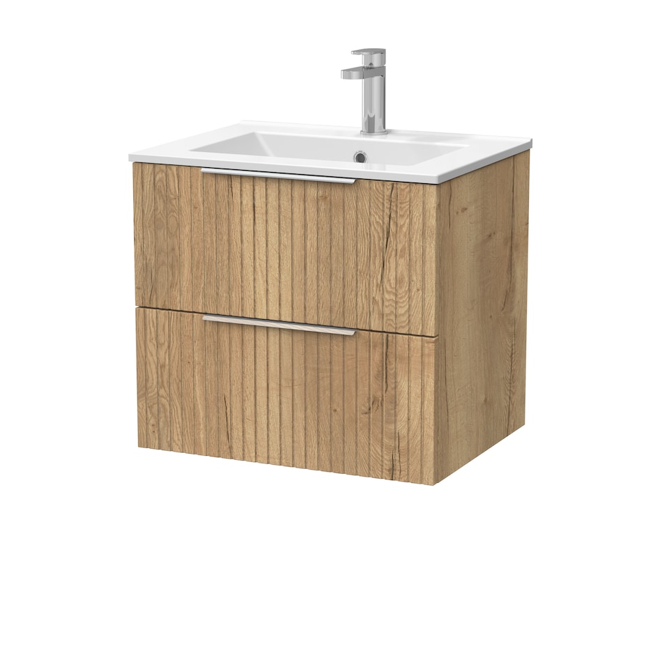 image 1 of Balterley Callingwood Contemporary Wall Hung 2 Drawer Vanity Unit with Minimalist Ceramic Basin , 600mm, Autumn Oak