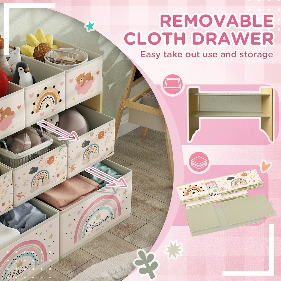 image 1 of AIYAPLAY 3-Tier Toy Organiser Shelf with 9 Storage Boxes for Bedroom Yellow