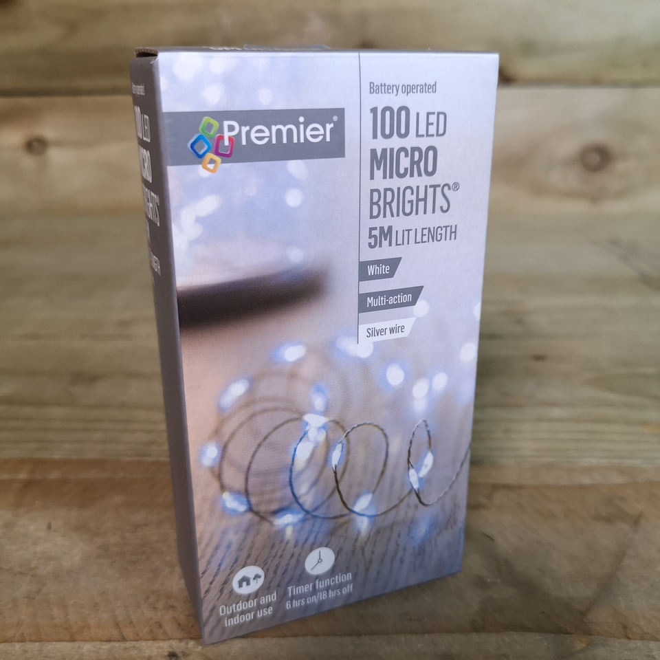 image 1 of 100 LED 5m Premier MicroBrights Indoor Outdoor Christmas Multi Function Battery Operated Lights with Timer on Pin Wire in Cool White