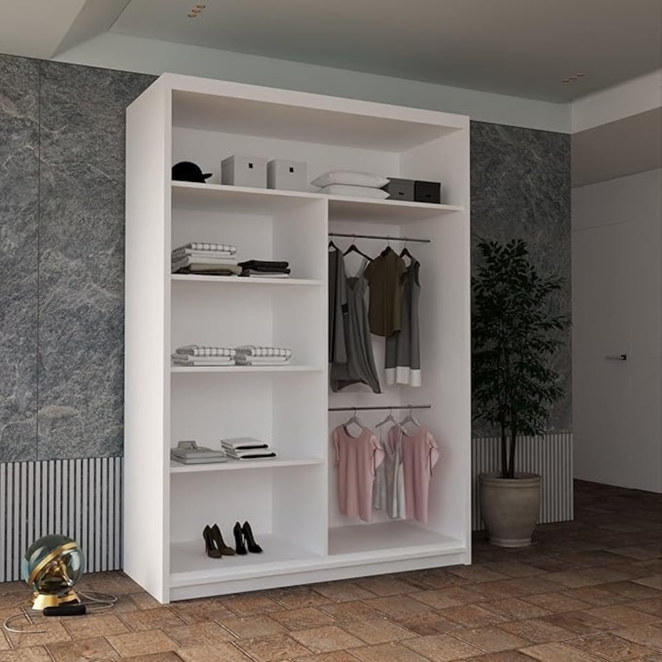 image 1 of Modern Sliding Wardrobe 120cm with Wavy Mirror Design | White, Black, Grey, Oak Finish White | White120cm 