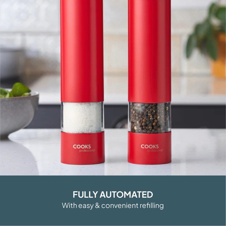 image 1 of Cooks Professional Electric Salt & Pepper Mill - Stainless Steel Automatic Grinder | Red | Red