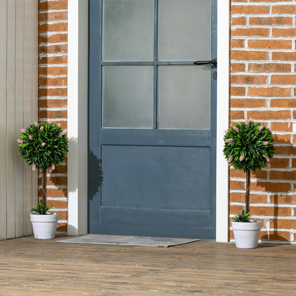 image 1 of HOMCOM Set of 2 Decorative Artificial Plants Ball Trees with Lavender Flowers in Pot Fake Plants for Home Indoor Outdoor Decor, 60cm, White