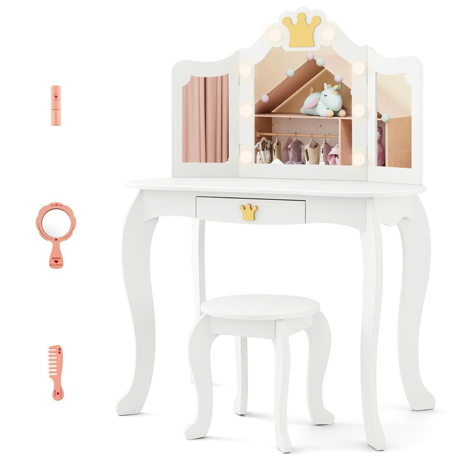 image 1 of COSTWAY Kids Vanity Princess Vanity Table & Chair Set White