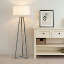 ValueLights Lottie Grey Wood Tripod Floor Lamp with White Fabric Drum Shade and LED Bulb
