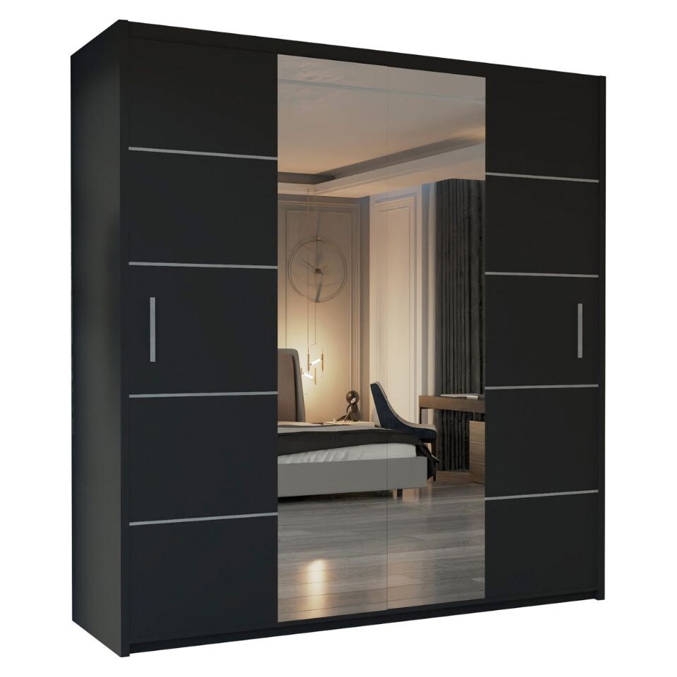 image 1 of Alfa Double Sliding Door Wardrobe with Mirror for Bedroom - Black 203cm
