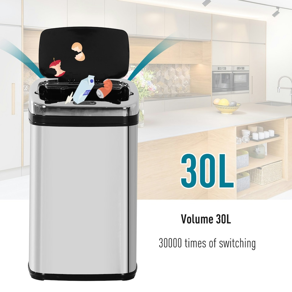 image 1 of HOMCOM 30L Automatic Kitchen Bin with Lid and Infrared Motion Sensor Silver Silver