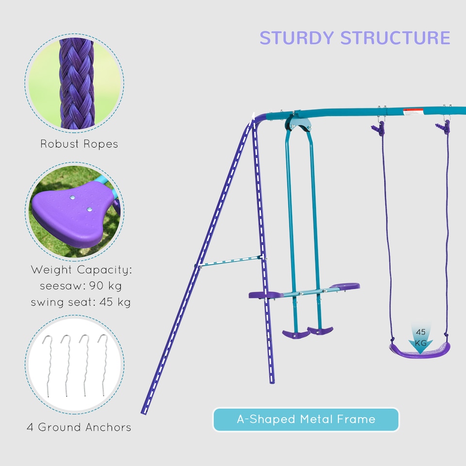 image 1 of Outsunny Metal Swings Set w Seesaw, Adjustable Height | Purple | Purple