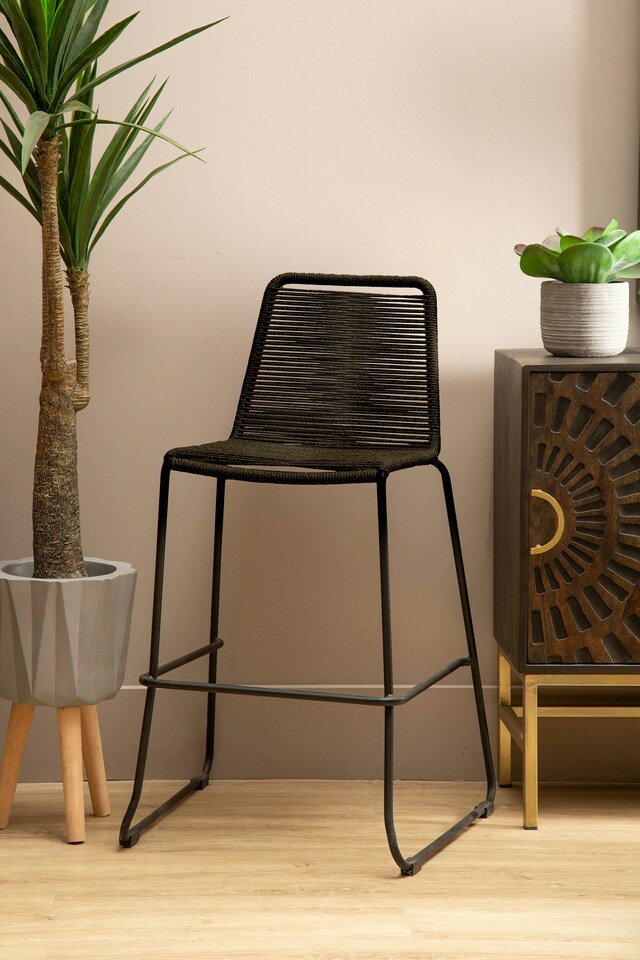 image 1 of Interiors by Premier Black Rope Bar Chair, Backrest Outdoor Iron Bar Stool, Footrest black Rope Iron Chair, Rust-free Rope Chair | Black
