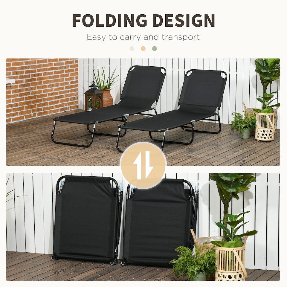 image 1 of Outsunny Folding Sun Loungers Set of 2 with Adjustable Backrest, Black
