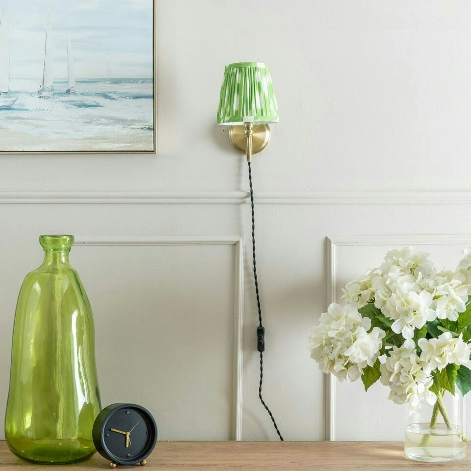 image 1 of ValueLights Neely Plug in Antique Brass Easy Fit Wall Light with Green Pleated Fabric Tapered Lampshade - Bulb Included