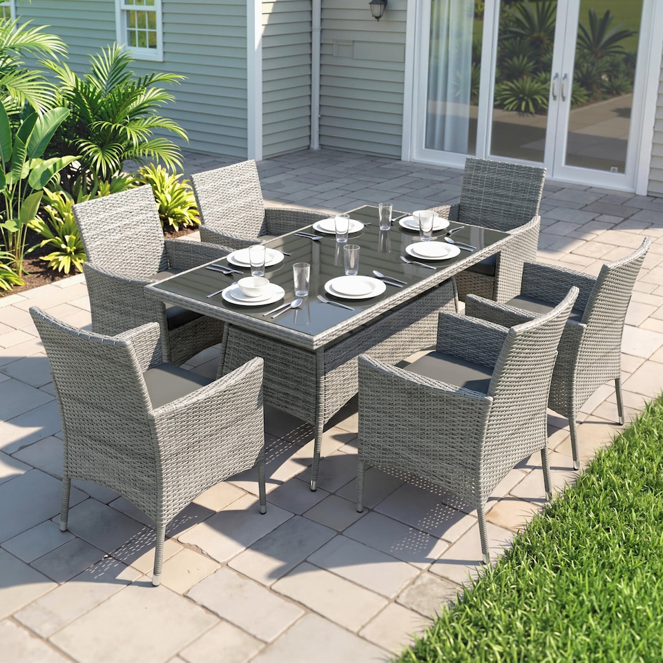 image 1 of Outsunny 7-Piece Rattan Dining Set for 6 with Cushions, Glass Top Table