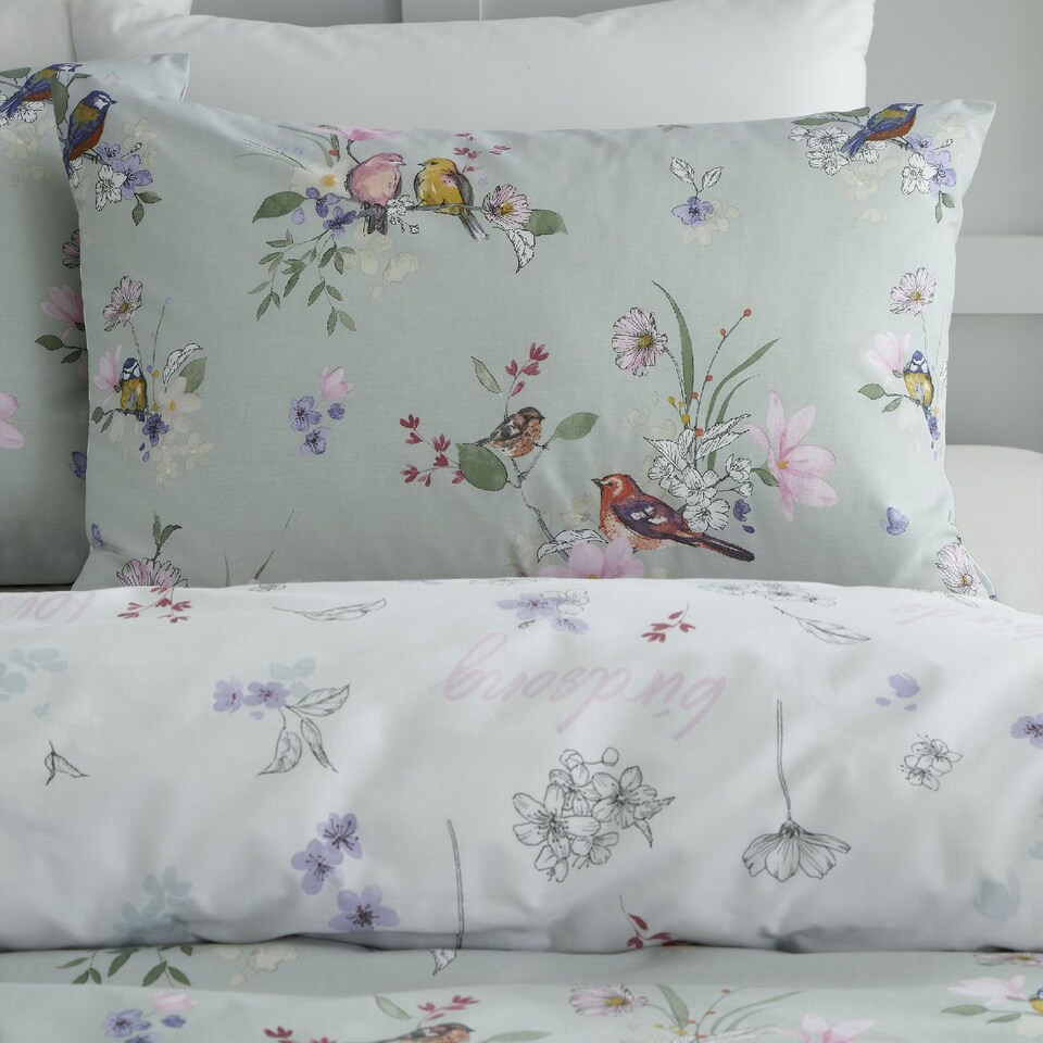 image 1 of Songbird Reversible Duvet Cover Set | Green | Sage Green | King