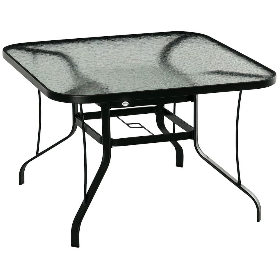 image 1 of Outsunny 106.5cm Square Patio Dining Table with Parasol Hole, Glass Top