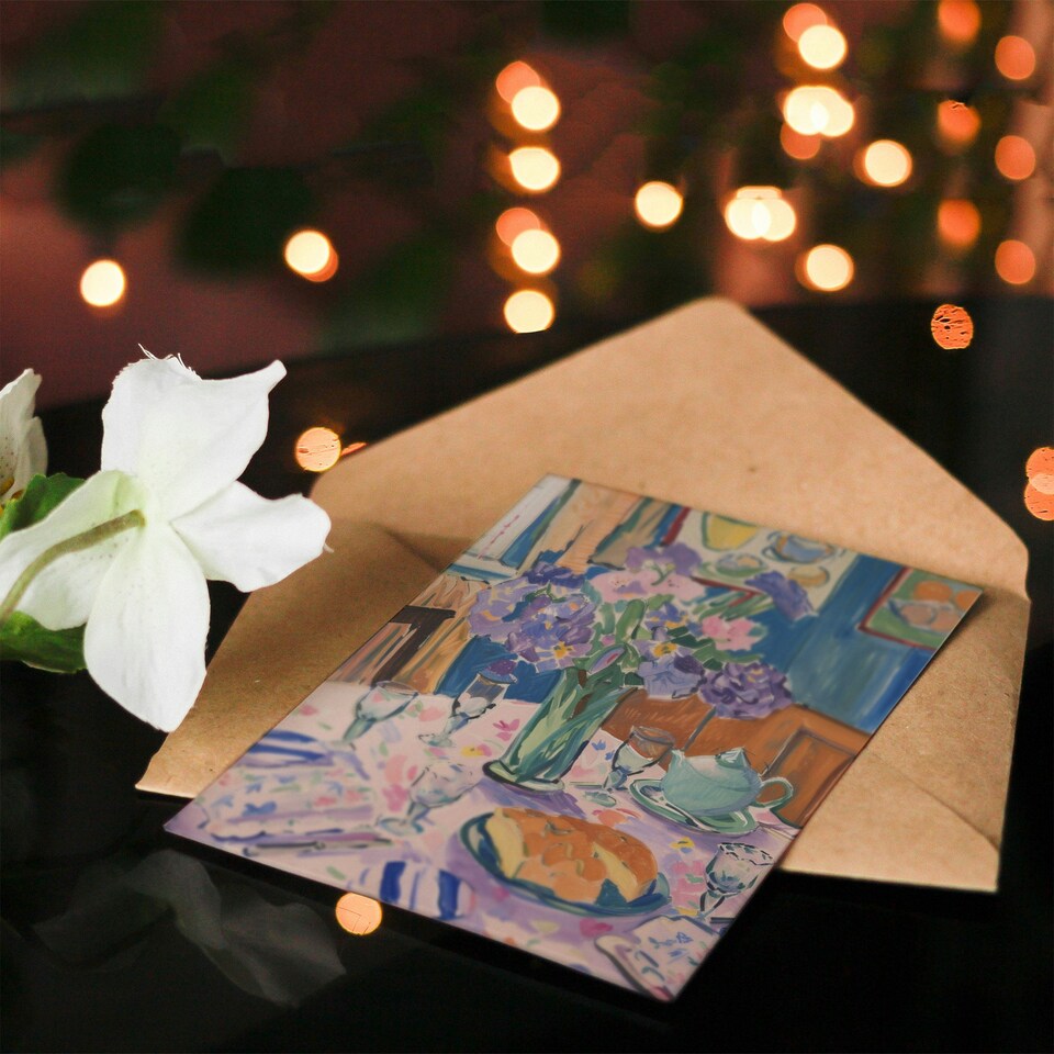 image 1 of Lunch Table Purple Flower Bouquet Classic Her Birthday Card