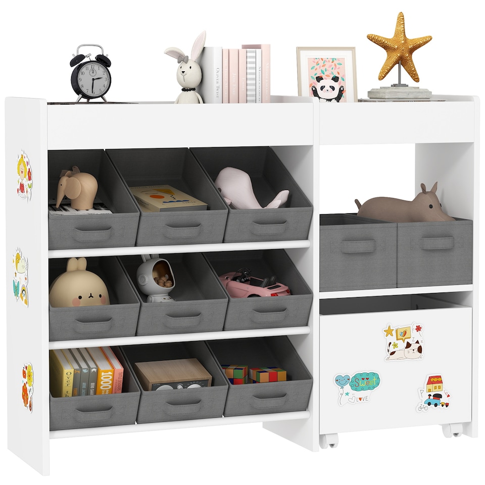 image 1 of AIYAPLAY Kids Toy Storage Unit, Children Toy Box Organiser with 11 Fabric Bins, Cabinet, Top Shelves, 3 Stickers, Kids Storage Unit Bookshelf for Nursery, Playroom, Kindergarten | White