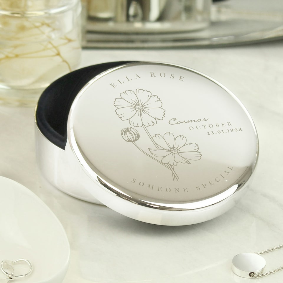 image 1 of Personalised October Birth Flower Round Trinket Box