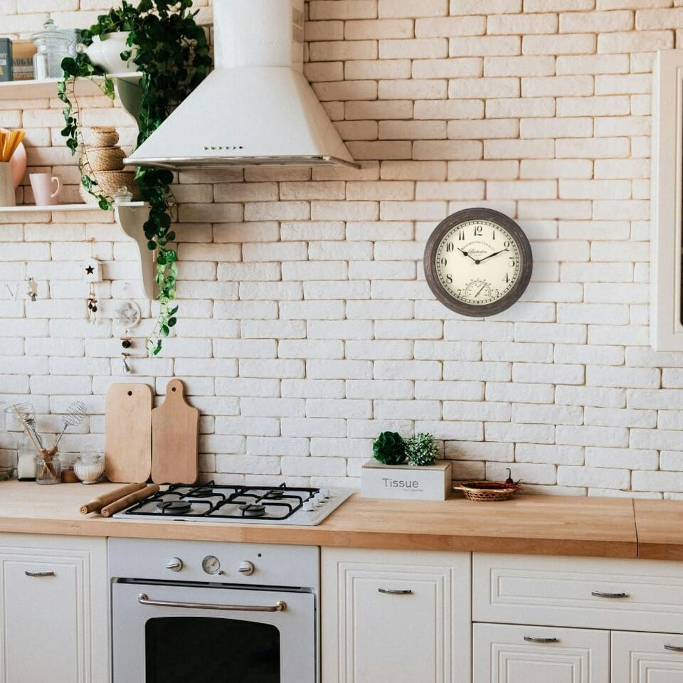 image 1 of Marco Paul 30cm Distressed Wall Clock and Thermometer Brown