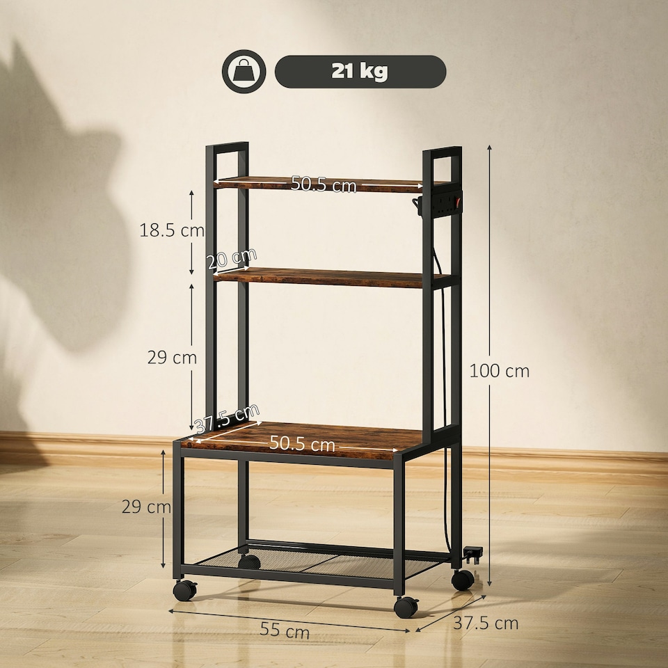 image 1 of HOMCOM 4-Tier Mobile Printer Stand with Power Outlets for Home Office Brown