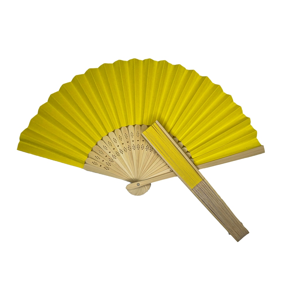 image 1 of Yellow Paper Foldable Hand Held Bamboo Wooden Fan by Parev