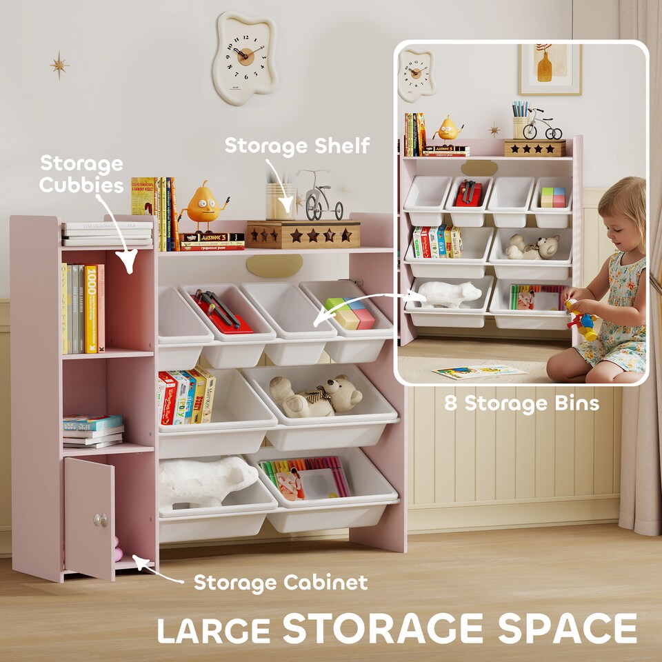 image 1 of AIYAPLAY Toy Storage Unit, with 8 Removable Bins, Storage Shelves, Cabinet, Toy Organiser, for Playroom, Kids Room, Nursery, Pink