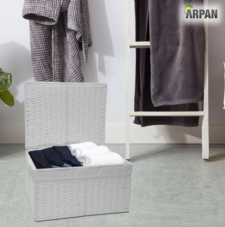 image 1 of White Paper Rope Woven Storage Xmas Hamper Basket Box with White Cloth Lining – Decorative Gift Basket for Christmas, Weddings, Parties & Home Storage