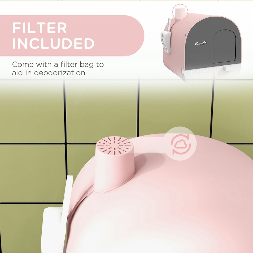 image 1 of PawHut Cat Litter Box Kitten Litter Tray w/ Lid, Scoop, Filter, Flap Door, Pink