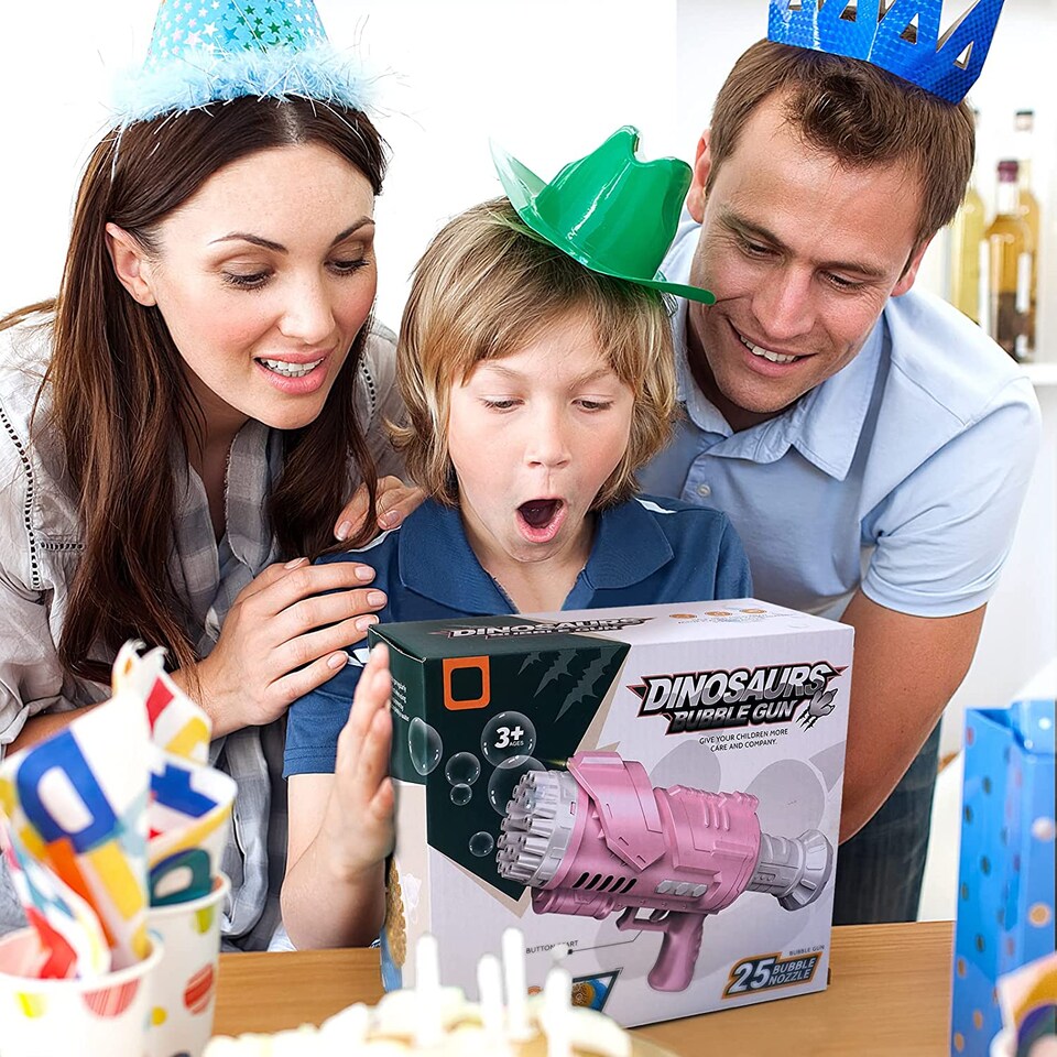 image 1 of 40-Hole Bubble Gun - Automatic Bubble Machine for Kids - LED Light-Up Bubble Blower with Bubble Solution - Outdoor Indoor Toy - Pink