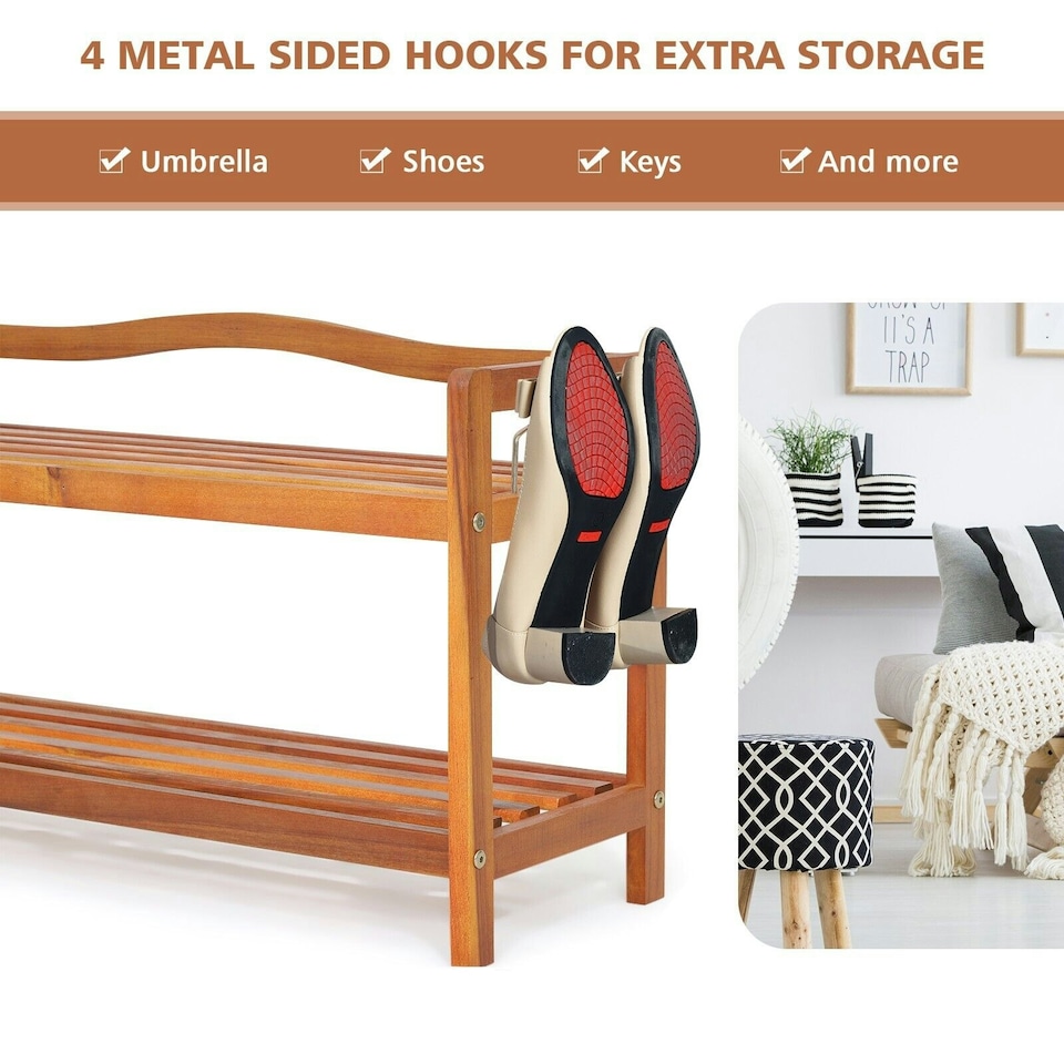 image 1 of COSTWAY 2-Tier Wood Shoe Rack Solid Shoe Storage Shelf Brown