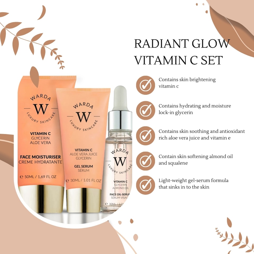 image 1 of Warda Luxury Skincare Skin Glow Boost Vitamin C Moisturiser 50ml + Vitamin C Glow Boost Oil-Serum 30ml + Skin Glow Boost Vitamin C Gel Serum 30ml