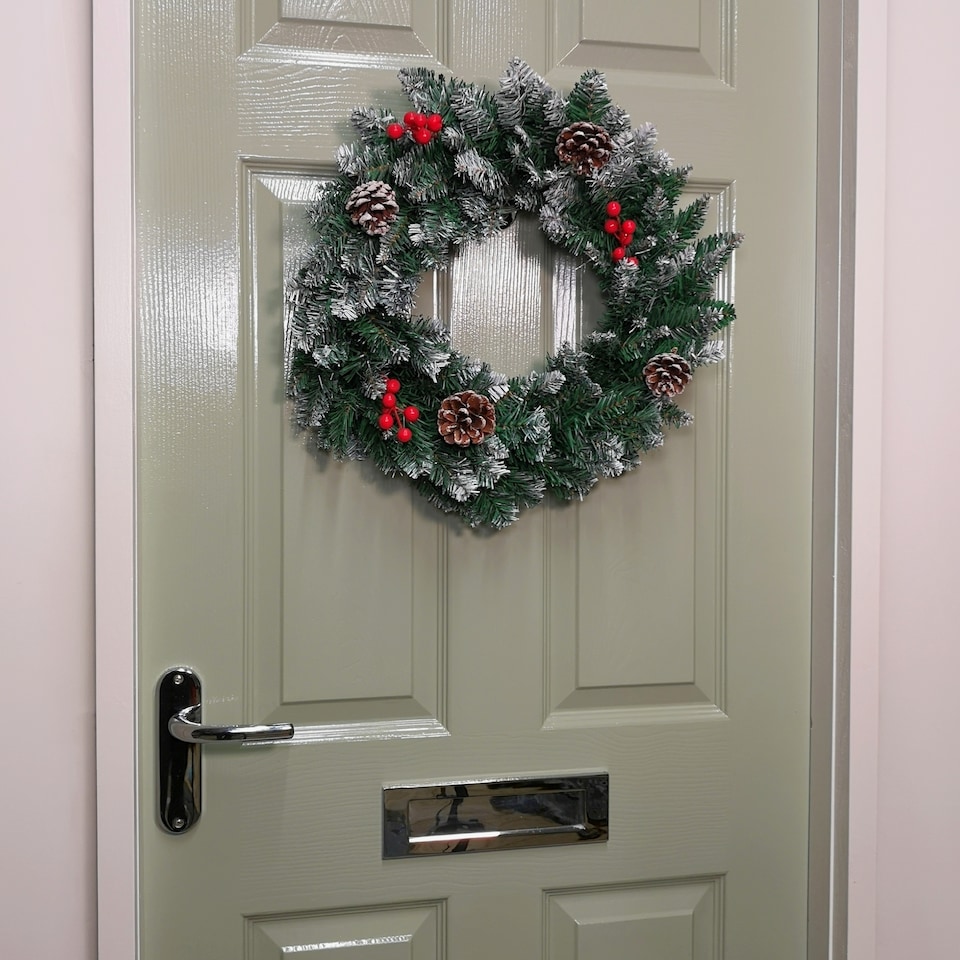 image 1 of 45cm Snow Tipped Green Wreath Christmas Decoration with 125 Tips, Pine Cones and Berries