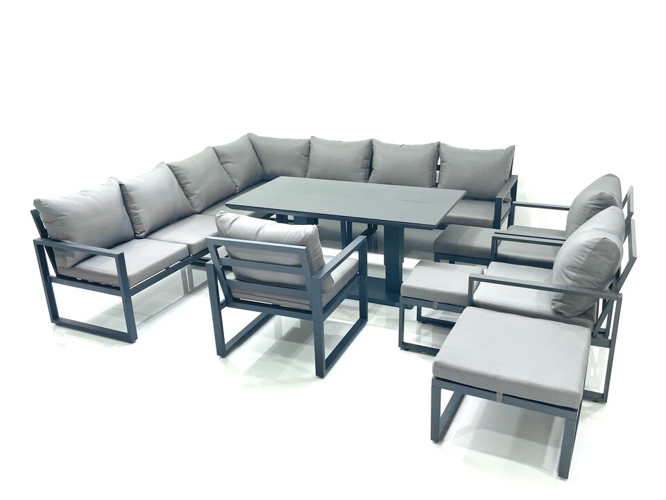 image 1 of Fimous 13 Seater Outdoor Aluminum Garden Furniture Set Corner Sofa 3 Chair 3 Footstools Adjustable Rising Lifting Dining Table Sets Dark Grey