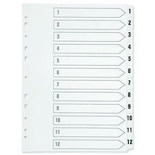 A4 White Polypropylene Multi-punched 1-12 Index Dividers for ring binders/lever arch