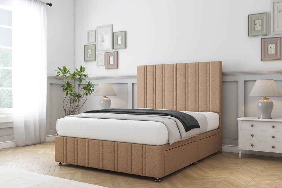 image 1 of Sloomy Langston Latte Dumfries Divan Bed Base 2 Drawers Right Side With 26 Inch Strutted Headboard & 12 Inch Matching Footboard | Brown | Latte | Super King | 1