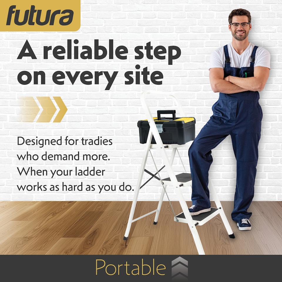 image 1 of Futura 3 Step Ladder White, Heavy-Duty Steel Folding Home DIY Step Stool with Wide Non-Slip Steps & Anti Slip Feet 150kg Capacity