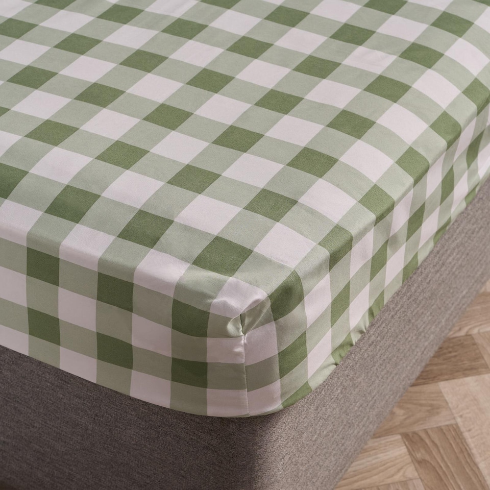 image 1 of OHS Gingham Microfibre Easy Care 25cm Deep Fitted Bed Sheet | Green | Sage | Double